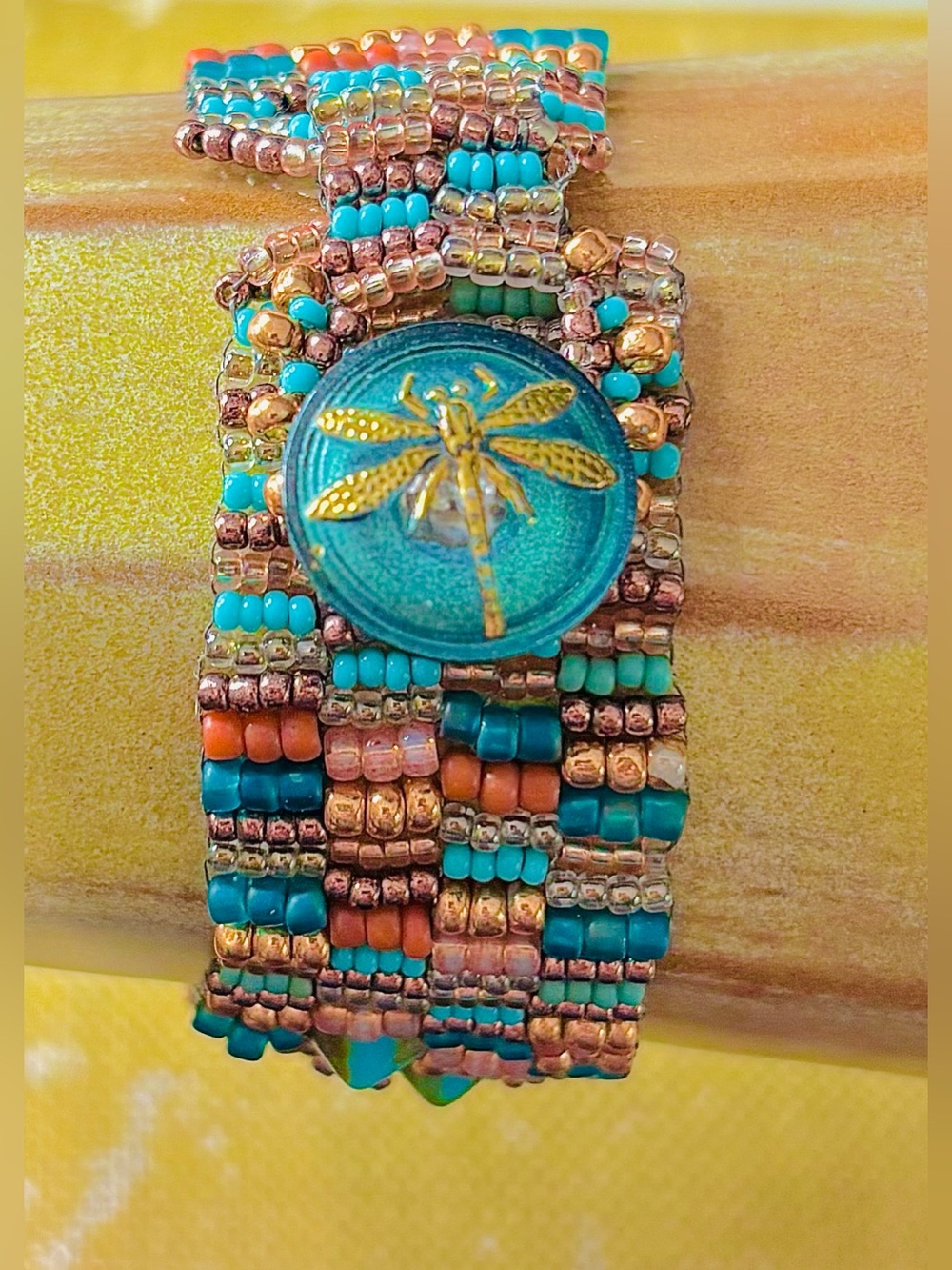 Boho Seed Bead Cuff Bracelet Dragonfly Button Turquoise Coral Artisan